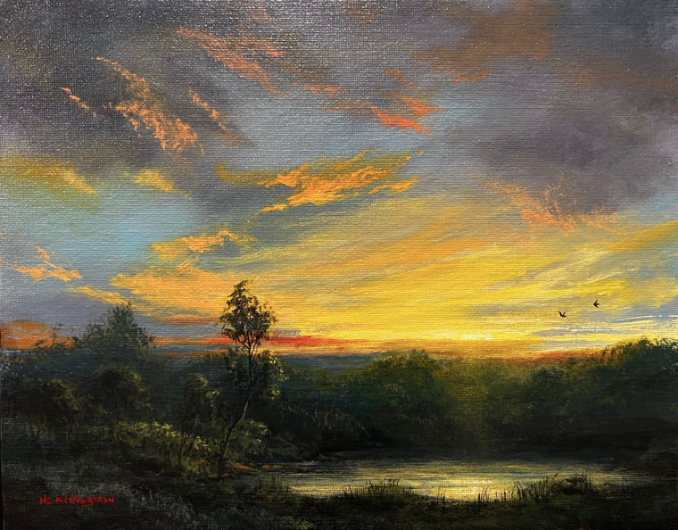 Pond in Yellow Sunset - 8X10 inches. Acrylic on Canvas Panel