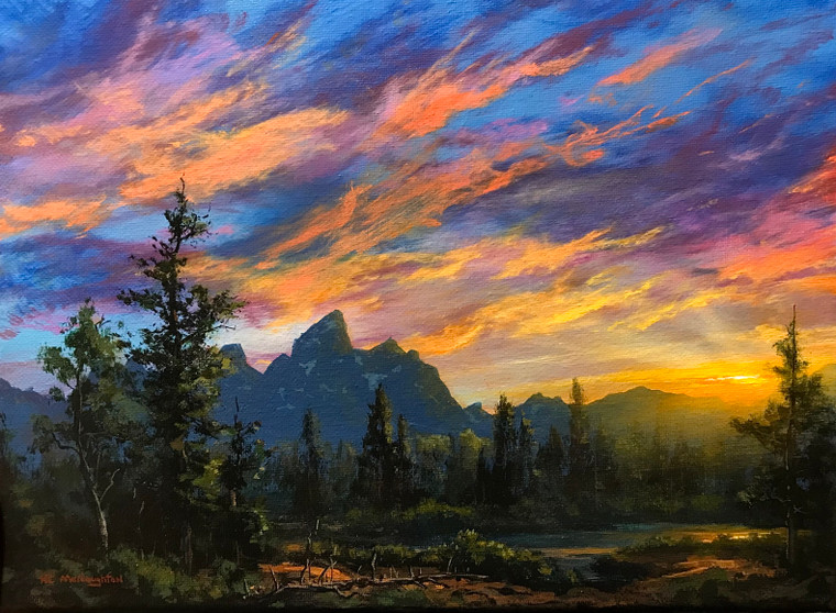 Tetons in the Golden Hour - 9x12 inches. Original Acrylic on Stretched Canvas