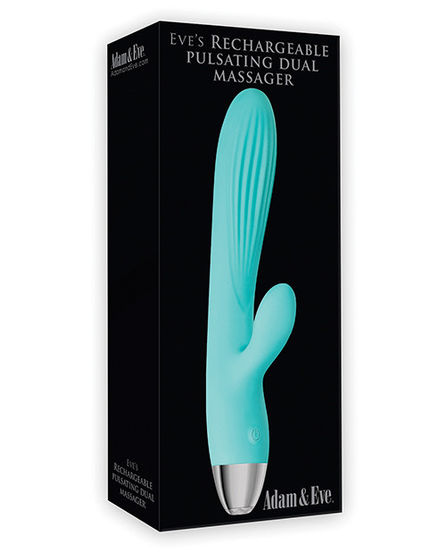 Adam & Eve Eve's Rechargeable Pulsating Dual Massager teal blue rabbit vibrator box front