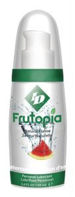 ID Frutopia for sexual and adult product lubrication. Frutopia new from ID Lube. 100% all natural fruit flavored for 100% pure fun. All-natural, vegan and sugar free. Life just got a little sweeter. Frutopia Lubricant comes in the following flavors: Banana, Cherry, Mango Passion, Raspberry, Strawberry and Watermelon. Each sold separately. 3.4 ounces pump bottles. Enhance intimate experiences with ID Lubricants and discover new heights in sensual comfort and pleasure! Water based. Latex condom compatible. For better sex the choice is clear! ID Lubricants by Westridge Laboratories, Inc.