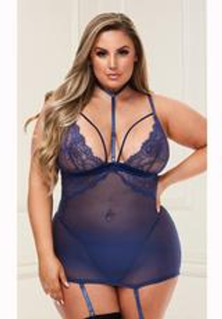 Baci Lace & Mesh Mini Dress & G-string Nav Q Image0