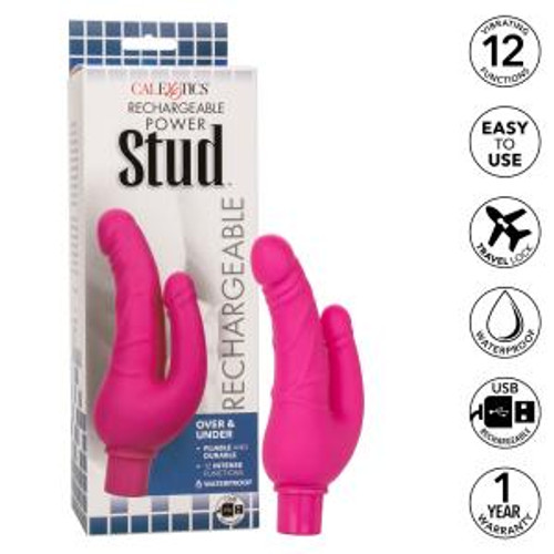 Rechargeable Power Stud Over & Under Silicone Vibrating Double Dong - Pink