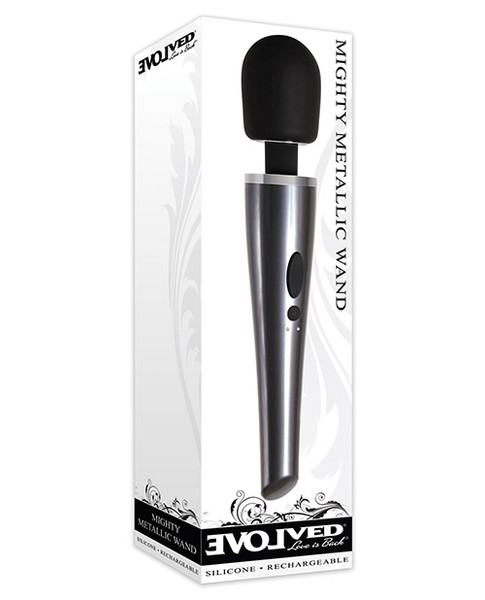 Mighty Metallic Wand black silicone vibrator box front