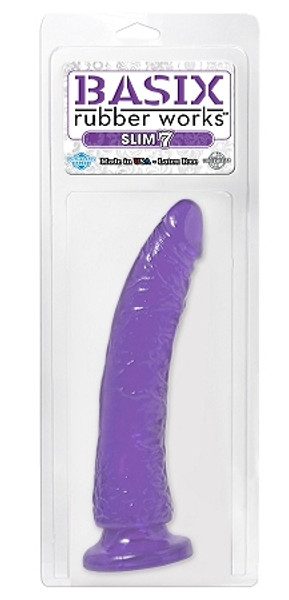 Basix Rubber Works Slim 7in Dong Purple W/ Suction Cup front of box