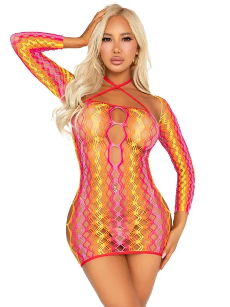 2 PC Zig Zag Net Twist Halter Mini Dress with Keyhole Detail and Shrug