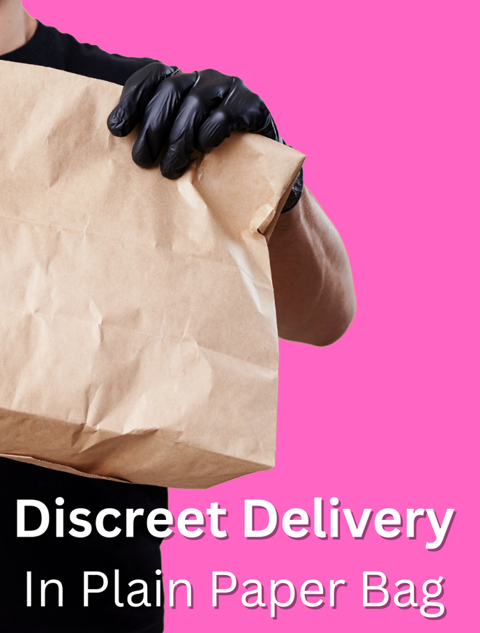 Delivery driver handing plain paper bag with text overlay 'discreet delivery' 