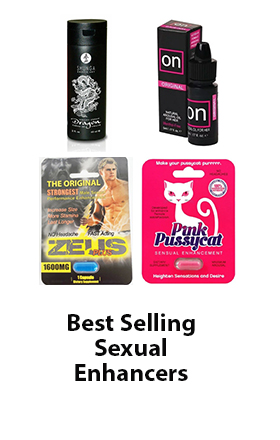 Image with 4 items on it, Shunga Dragon Virility Cream, On for Her, Zeus pill for him, and Pink Pusssycat for her with the caption Best Selling Sexual Enhancers