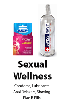 Image of Durex Condoms and Swiss Navy lubricant with caption reading Sexual Wellness