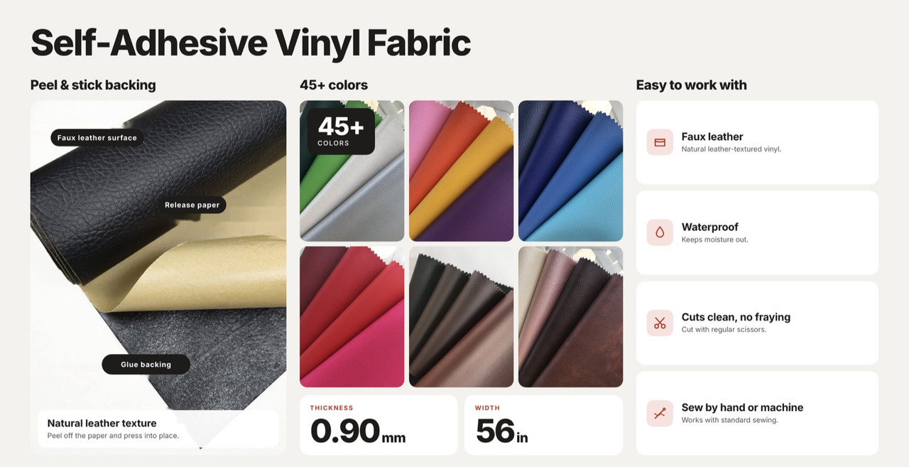 A099 self-adhesive vinyl fabric: peel and stick backing, 45+ colors, 0.90 mm thick, 56 in wide, waterproof, cuts clean, sews by hand or machine
