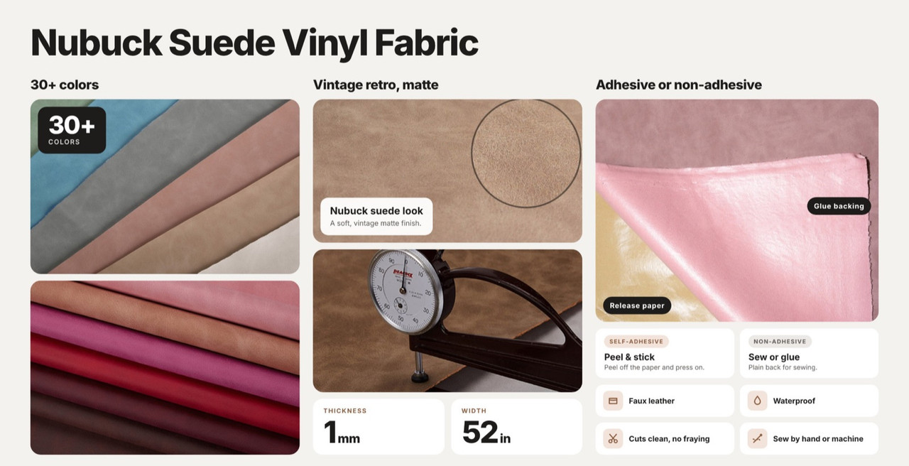Nubuck suede vinyl fabric: 30+ colors, vintage matte finish, adhesive or non-adhesive, 1 mm thick, 52 in wide, waterproof, cuts clean, sews by hand or machine