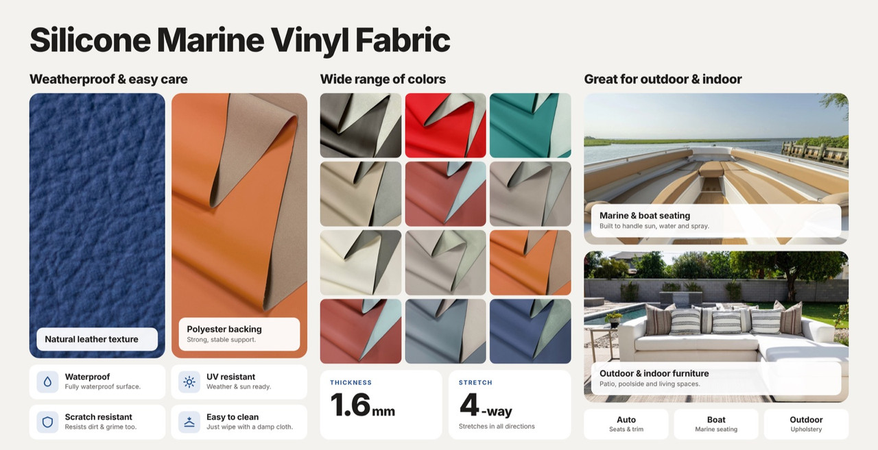 Silicone marine vinyl fabric: weatherproof and easy care, wide range of colors, 1.6 mm thick, 4-way stretch, for marine, auto, outdoor and indoor upholstery