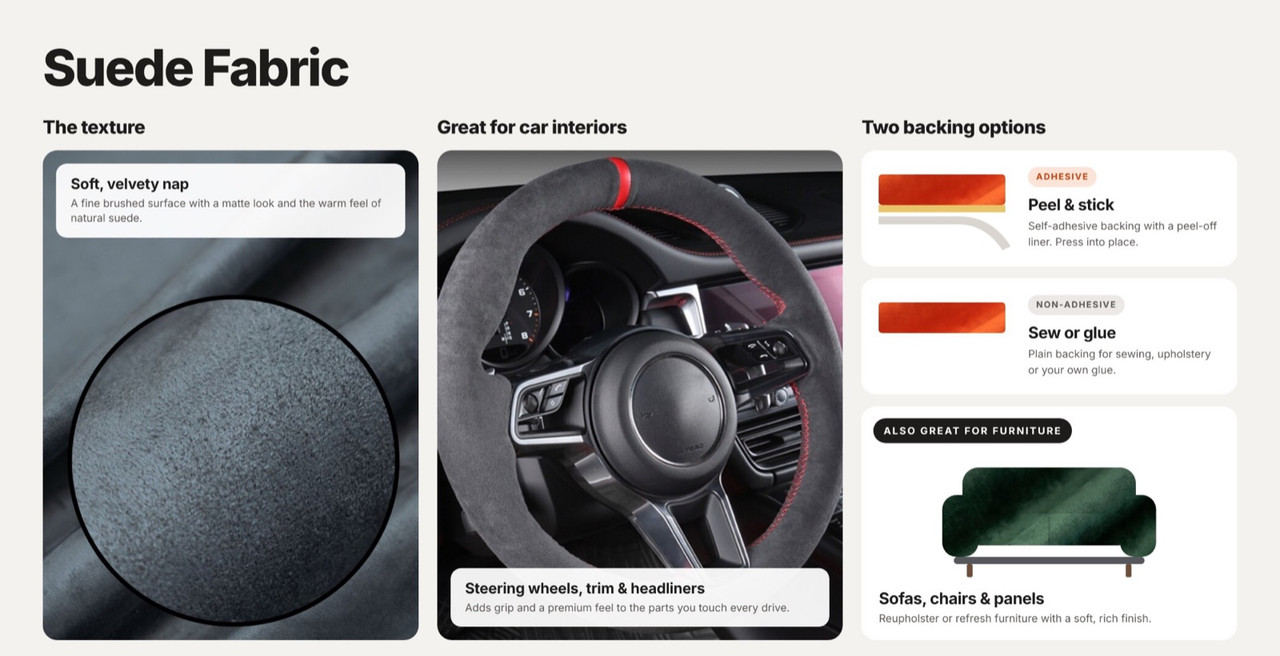 Suede fabric: soft, velvety nap; great for car interiors such as steering wheels, trim and headliners; adhesive or non-adhesive backing; also great for furniture