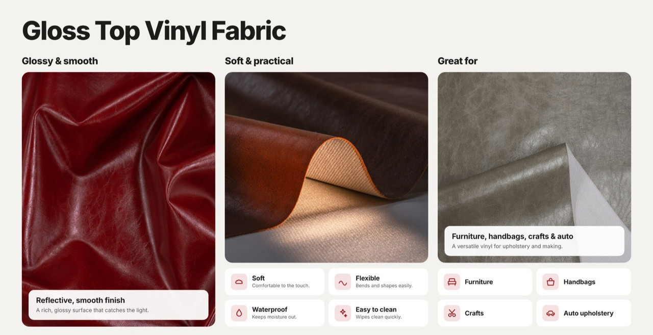 Gloss top vinyl fabric: glossy and smooth with a reflective finish; soft, flexible, waterproof and easy to clean; great for furniture, handbags, crafts and auto upholstery