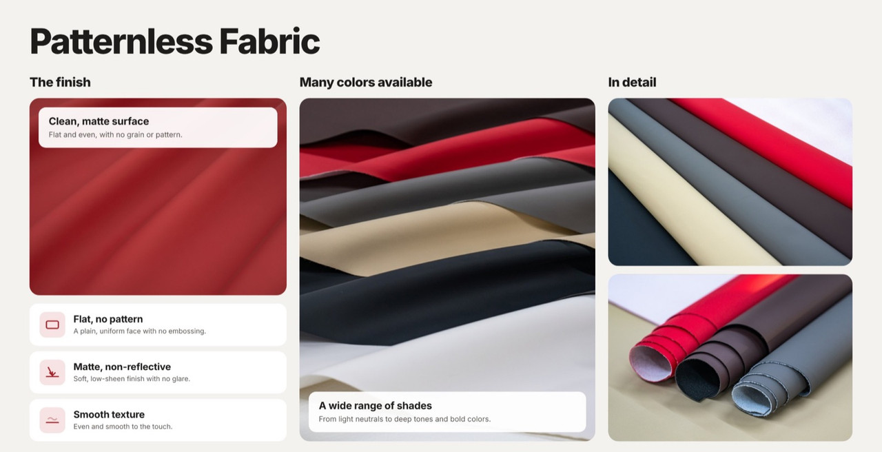 Patternless fabric: clean matte surface, flat with no pattern, non-reflective, smooth texture, many colors available