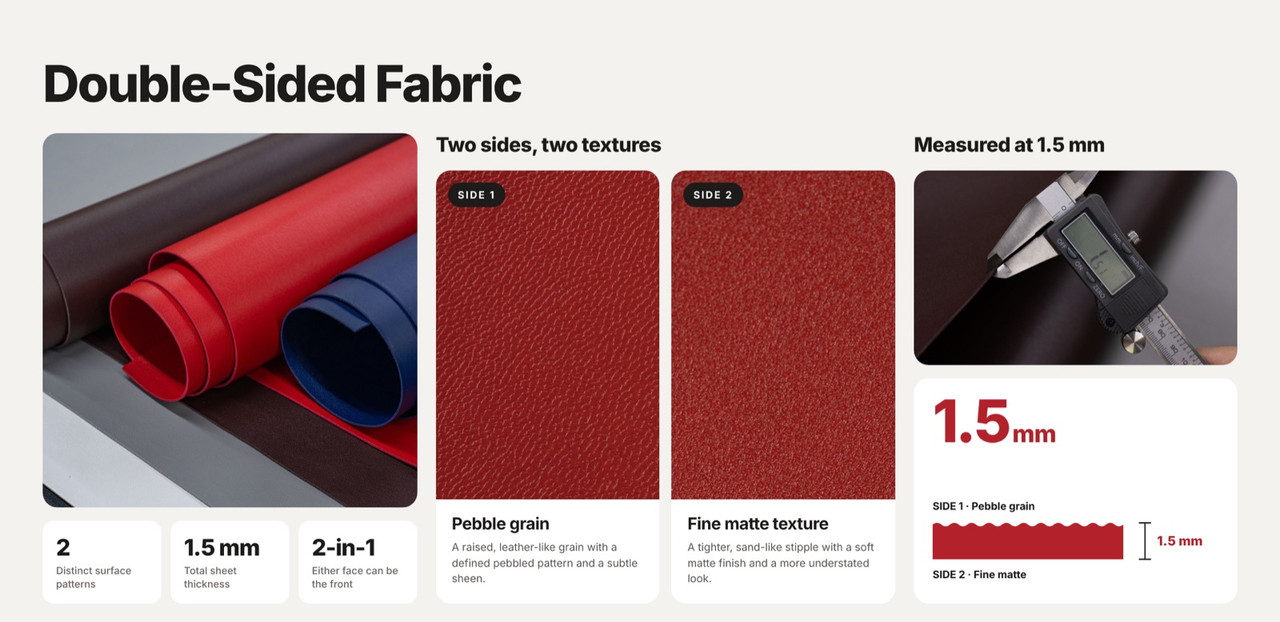 Double-sided fabric: two sides with two textures, pebble grain on side 1 and a fine matte texture on side 2; measured at 1.5 mm thick; either face can be the front