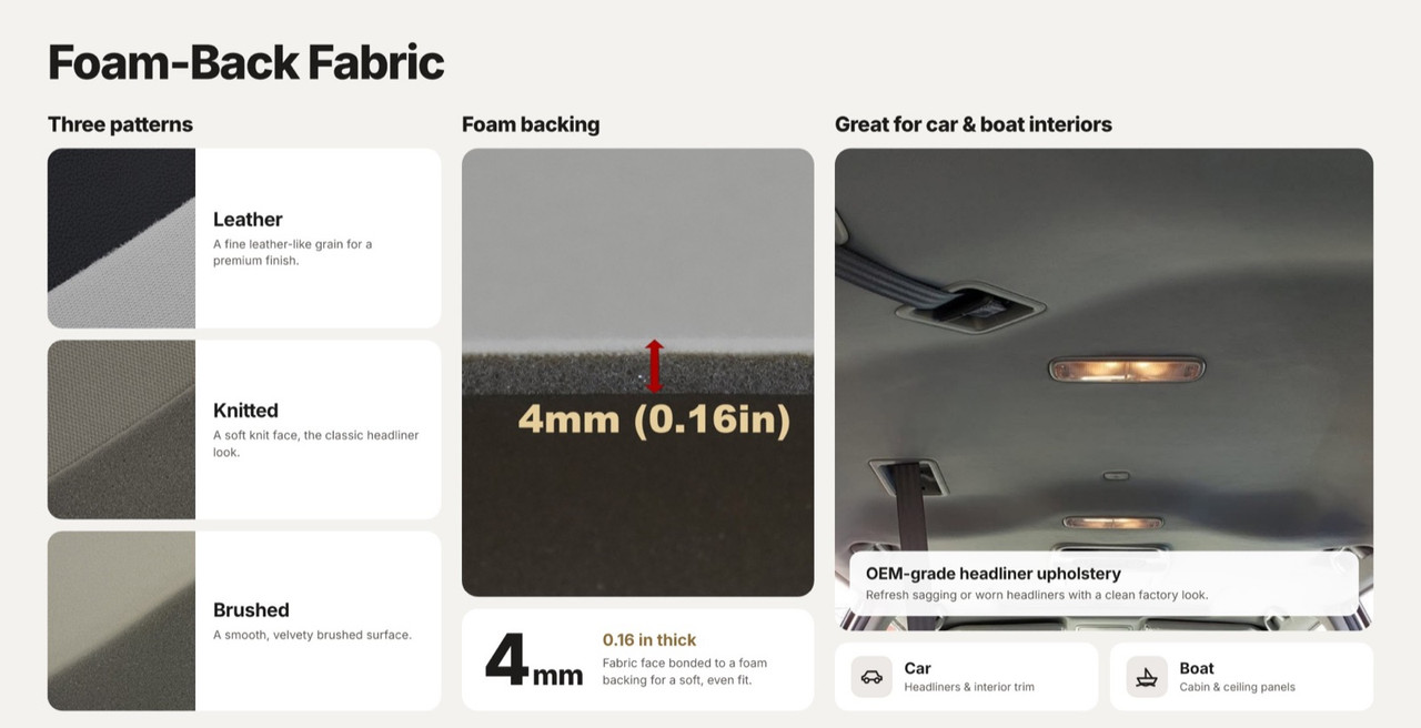 Foam-back fabric: three patterns (leather, knitted, brushed); 4 mm (0.16 in) foam backing; great for car and boat interiors, OEM-grade headliner upholstery