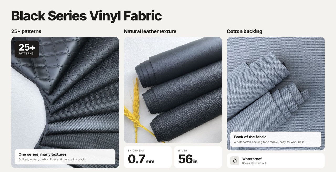 Black series vinyl fabric: 25+ patterns, natural leather texture, 0.7 mm thick, 56 in wide, cotton backing, waterproof