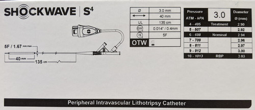 Shockwave Medical S4 Peripheral Intravascular Lithotripsy Catheter - S4IVL3040