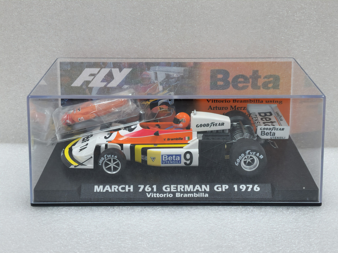 A2043F Fly March 761 F1 German GP 1976, #9 1:32 Slot Car w/figure