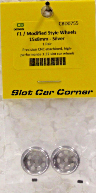 CBD0755 CB Design F1/Modified Style Wheels 15x8mm (Silver) 1:32 Slot Car Part