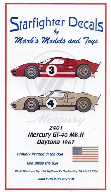 SFD2401 Starfighter Decals Mercury GT-40 Mk.II Daytona 1967 1:24 Slot Car Decals