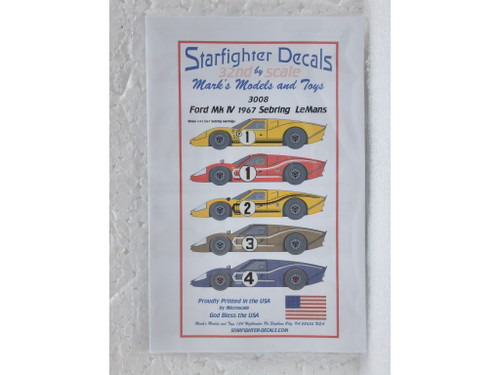 SFD3008 Starfighter Decals Ford GT40 Mk IV 1967 Sebring Le Mans 1:32 Slot Car Decals