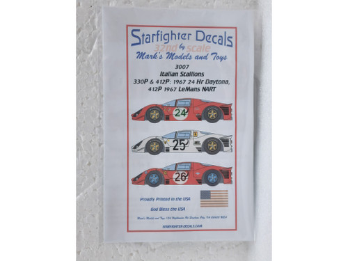 SFD3007 Starfighter Decals Italian Stallions Pt 2 330P & 412P 1967 24H Daytona/Le Mans NART 1:32 Slot Car Decals