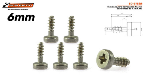SC-5138B Scaleauto Body Screws for Body and Motor Pods 6mm with 4.3mm head M2 (6 Pieces) 1:32 Slot Car Part