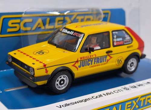 C4625 Scalextric Volkswagen Golf Mk1 GTI Malcolm Jeffs Racing - Juicy Fruit, #16 1:32 Slot Car *DPR*
