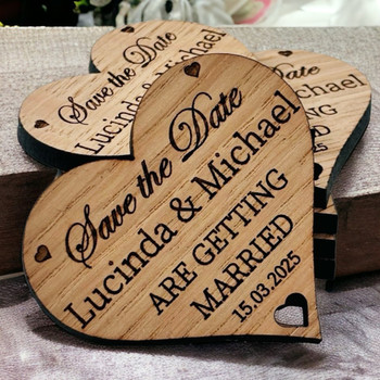 Wooden Save The Date Fridge Magnet Hearts for Wedding - Rustic Theme - Oak