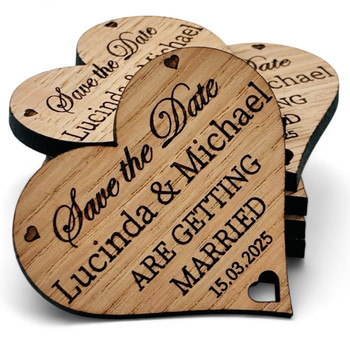 Wooden Save The Date Fridge Magnet Hearts for Wedding - Rustic Theme - Oak