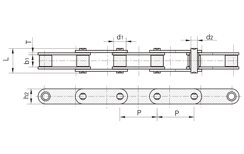 PTI C2080H Double Pitch Heavy Duty Carbon Steel Conveyor, Roller Chain, 2 Inch Pitch, Riveted Pins, 1 Strand, 10 FT/Box
