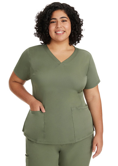 Medical professional wearing comfortable grey scrubs