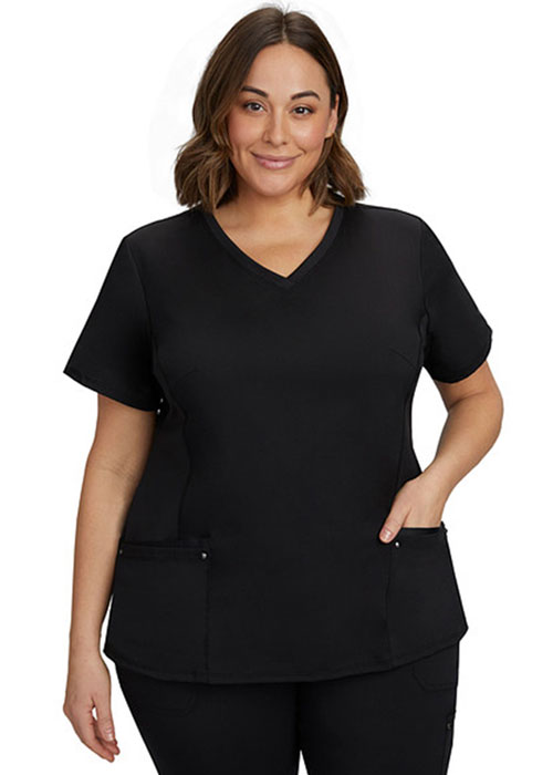 Plus sized healthcare professional wearing comfortable black scrubs
