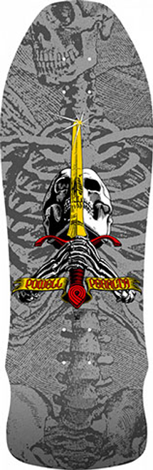 This is a reissue of the Classic Powell Peralta Skull and Sword graphic from the 1980's. Its sized at 10" x 30". 