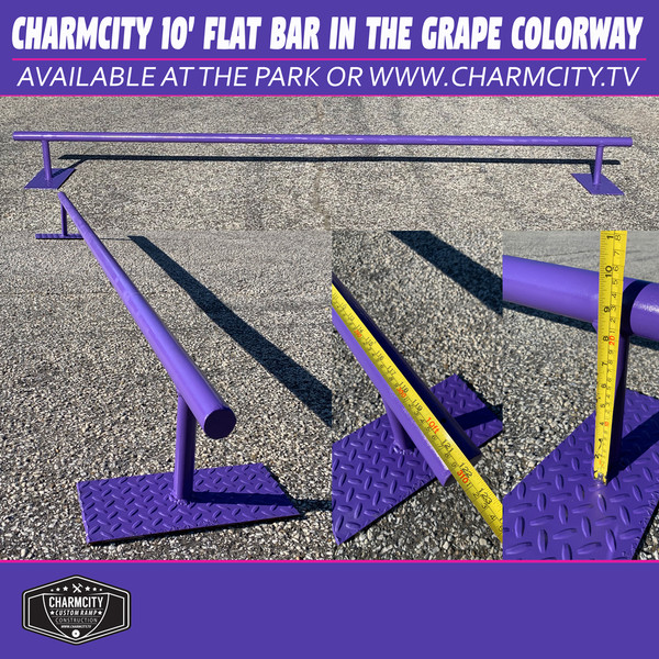 This is a Charmcity Builds Flat Bar in the Grape Colorway. It features a round rail that is 10' Long and 10" High. This rail is fun for days. Super Long nice and low for comfortable slides and grinds!  For better shipping rates or delivery call the park at 1-410-327-7909.