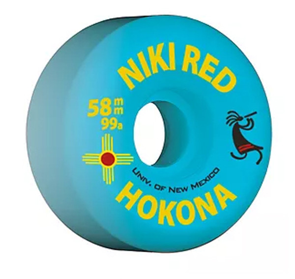 This an Official Niki Red and University of New Mexico "Hokona" collabo wheel. This wheel is 58MM in size and 99A hardness. This wheel is Blue and 99A which it gives it a soft hint but keeps it rolling smooth and wears at an even pace. Niki Red manufactures their wheel at world famous Creative Urethane on the east coast. Creative means Quality!!!!! 