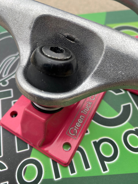 The Green Truck Companies team model truck is one of the lightest trucks in skateboarding with a titanium hollow inverted kingpin and titanium hollow axles. They are 8.25" and come in three colorways Green, Pink and Black.