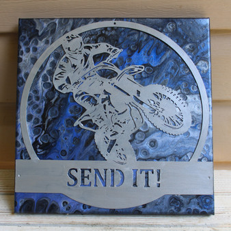 Motocross Canvas Wall Art - Hand Painted with Metal Rider "Send It" Blue  & Silver