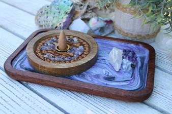 Incense Holder Tray with Amethyst, Aura Clear Quartz and Celeste Crystals