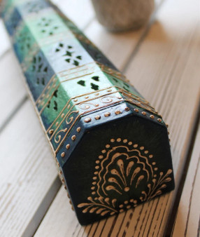 Hand Painted Wooden Incense Box with Storage Blue/Green - Decorative Jali Cover 12"