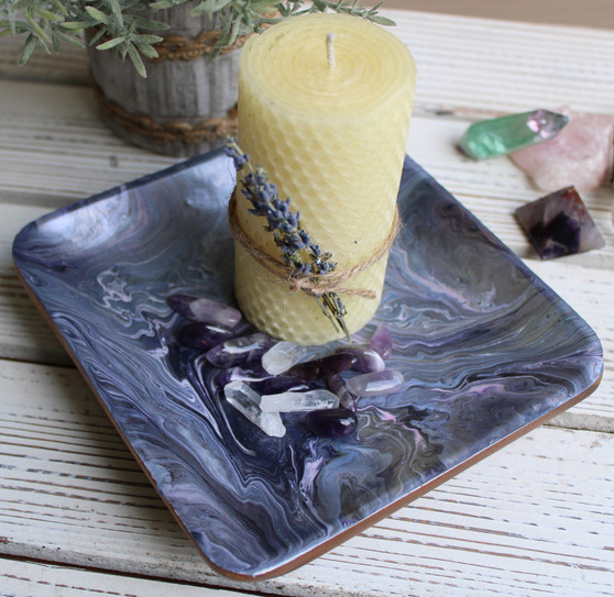 Hand Painted Wooden Bowl with Beeswax Candle, Amethyst and Crystal Quartz Stones