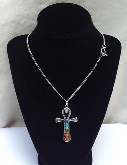 7 Chakra Gemstones Ankh Pendant on 18” Silver Plated Chain by Imogen Designs