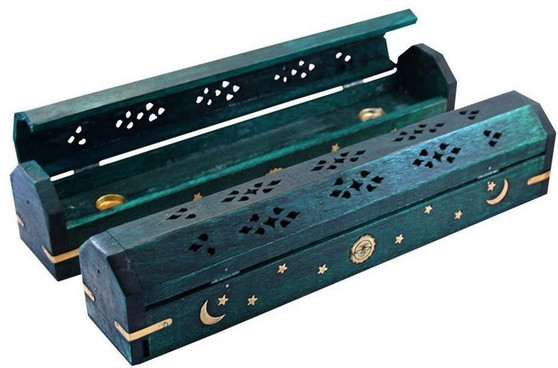 Green 12" Celestial Coffin Incense Burner with Brass Inlays