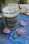 Crystal Gem Candle Candle on Hand Painted Tray with Quartz. Angelite and Rose Quartz Crystals