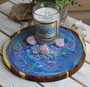Crystal Gem Candle Candle on Hand Painted Tray with Quartz. Angelite and Rose Quartz Crystals