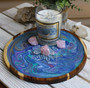 Crystal Gem Candle Candle on Hand Painted Tray with Quartz. Angelite and Rose Quartz Crystals