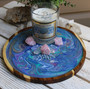 Crystal Gem Candle Candle on Hand Painted Tray with Quartz. Angelite and Rose Quartz Crystals