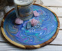 Crystal Gem Candle Candle on Hand Painted Tray with Quartz. Angelite and Rose Quartz Crystals