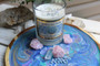 Crystal Gem Candle Candle on Hand Painted Tray with Quartz. Angelite and Rose Quartz Crystals